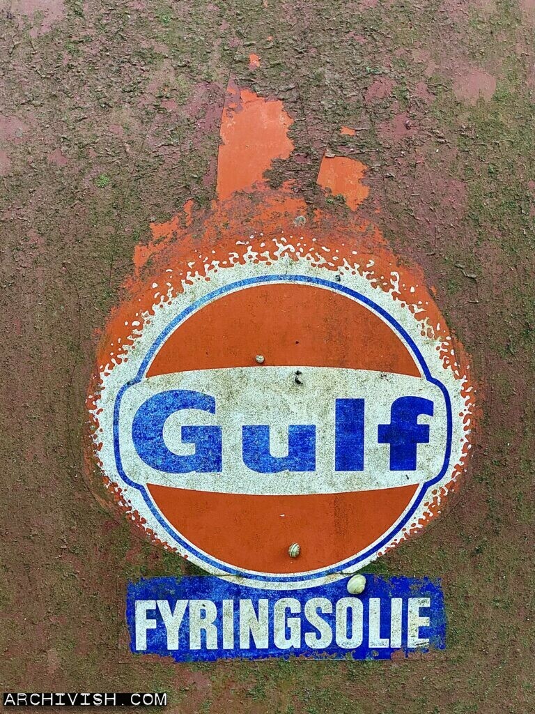 Old Gulf Oil sticker on an oil tank