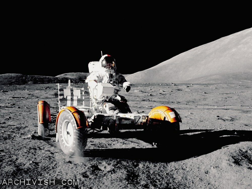 Gene Cernan drives the Apollo 17 missions moon buggy - 1972