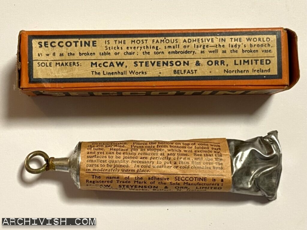SECCOTINE - Seccotine is the most famous adhesive in the world - Sticks everything - McCaw, Stevenson & Orr, Limited - The Linenhall Works - Belfast - Northern Ireland