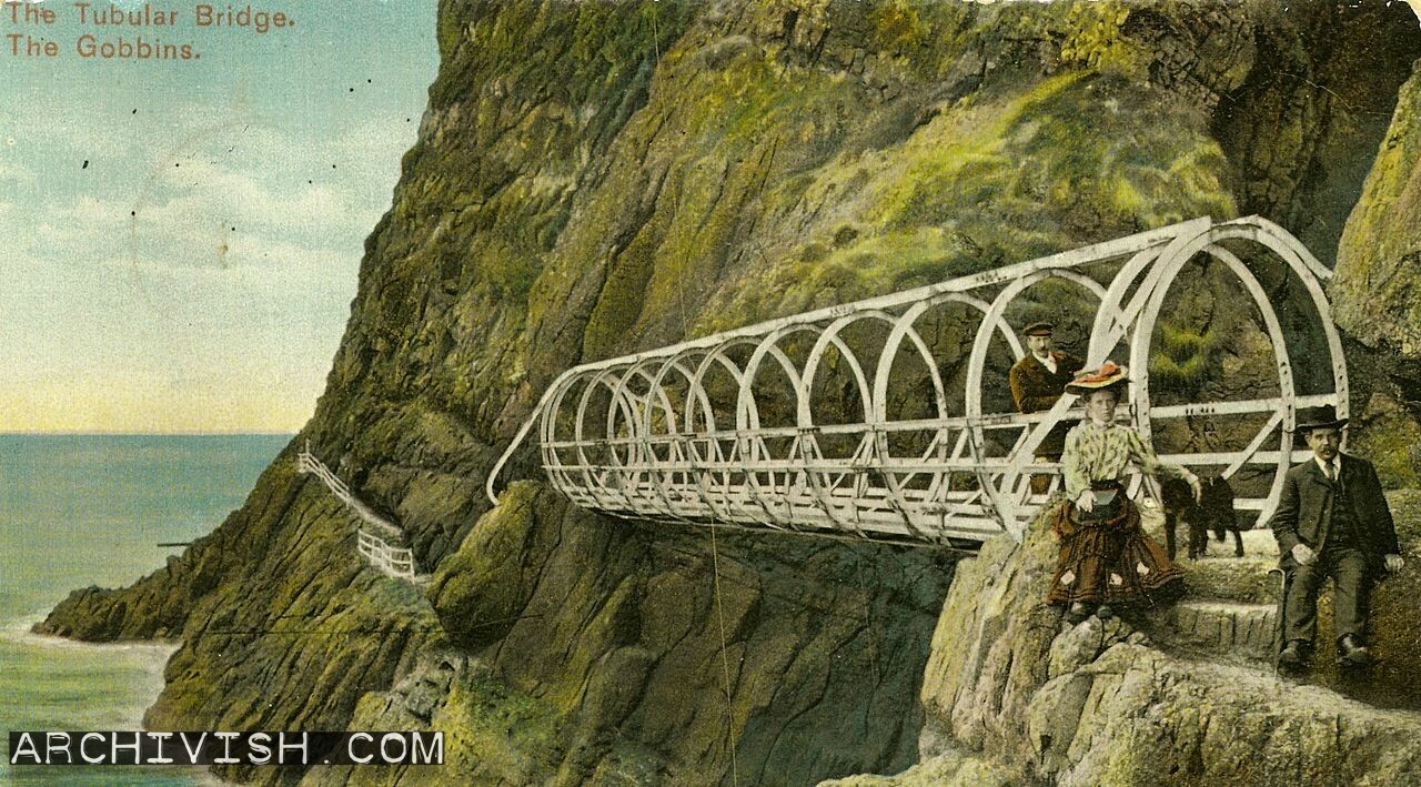 The Tubular Bridge at The Gobbins, with its creator Berkley Deane Wiise with his wife - Postcard - 1902