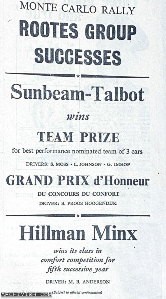 Monte Carlo Rally - Rootes Group Successes - Sunbeam-Talbot - Hillman Minx